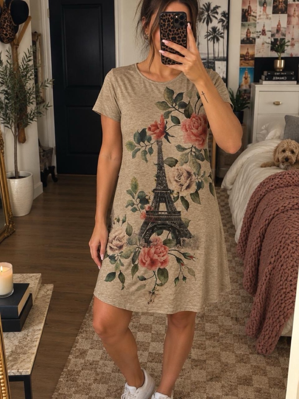 SJS Beige Floral Eiffel Mini Dress